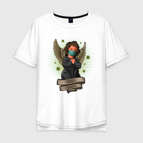 Мужская футболка хлопок Oversize с принтом Мой ангелок в Курске, 100% хлопок | свободный крой, круглый ворот, “спинка” длиннее передней части | ангел | иллюстрация | маска | спаси сохрани | спаситель