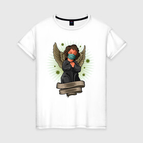 Женская футболка хлопок с принтом Мой ангелок в Курске, 100% хлопок | прямой крой, круглый вырез горловины, длина до линии бедер, слегка спущенное плечо | ангел | иллюстрация | маска | спаси сохрани | спаситель