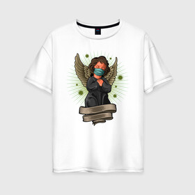 Женская футболка хлопок Oversize с принтом Мой ангелок в Курске, 100% хлопок | свободный крой, круглый ворот, спущенный рукав, длина до линии бедер
 | ангел | иллюстрация | маска | спаси сохрани | спаситель