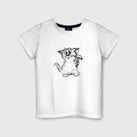 Детская футболка хлопок с принтом Котенок с вилкой и сосиской в Курске, 100% хлопок | круглый вырез горловины, полуприлегающий силуэт, длина до линии бедер | графика | киска | кот | котенок | котик | кошка | смешной кот | улыбающийся кот | черно белое