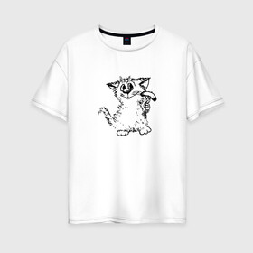 Женская футболка хлопок Oversize с принтом Котенок с вилкой и сосиской в Курске, 100% хлопок | свободный крой, круглый ворот, спущенный рукав, длина до линии бедер
 | графика | киска | кот | котенок | котик | кошка | смешной кот | улыбающийся кот | черно белое