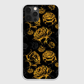 Чехол для iPhone 12 Pro с принтом Розы. Золото с черным в Курске, силикон | область печати: задняя сторона чехла, без боковых панелей | Тематика изображения на принте: вечерний | графика | графический | золотистый | золото | золотой | крупные | праздничный | розочки | розы | темный | цветочки | цветочный | цветы | черный