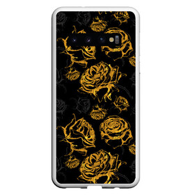Чехол для Samsung Galaxy S10 с принтом Розы. Золото с черным в Курске, Силикон | Область печати: задняя сторона чехла, без боковых панелей | вечерний | графика | графический | золотистый | золото | золотой | крупные | праздничный | розочки | розы | темный | цветочки | цветочный | цветы | черный