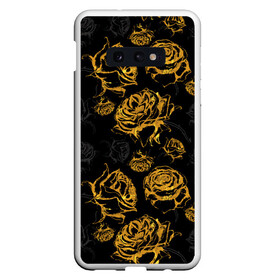 Чехол для Samsung S10E с принтом Розы. Золото с черным в Курске, Силикон | Область печати: задняя сторона чехла, без боковых панелей | вечерний | графика | графический | золотистый | золото | золотой | крупные | праздничный | розочки | розы | темный | цветочки | цветочный | цветы | черный