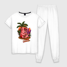 Женская пижама хлопок с принтом Hello Summer в Курске, 100% хлопок | брюки и футболка прямого кроя, без карманов, на брюках мягкая резинка на поясе и по низу штанин | арт | иллюстрация | лето | отпуск | поросенок | свин