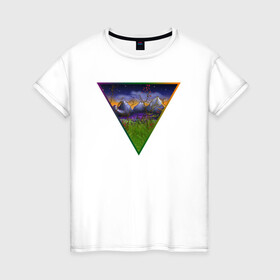 Женская футболка хлопок с принтом невероятный пейзаж в Курске, 100% хлопок | прямой крой, круглый вырез горловины, длина до линии бедер, слегка спущенное плечо | болото | горы | пейзаж | природа | радуга | рисунок | сумерки | треугольник | ярко