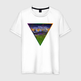 Мужская футболка хлопок с принтом невероятный пейзаж в Курске, 100% хлопок | прямой крой, круглый вырез горловины, длина до линии бедер, слегка спущенное плечо. | болото | горы | пейзаж | природа | радуга | рисунок | сумерки | треугольник | ярко