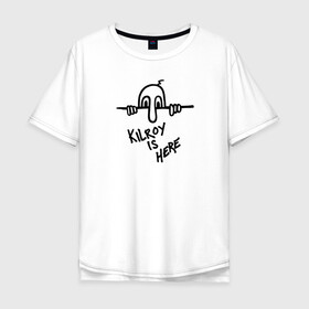 Мужская футболка хлопок Oversize с принтом Kilroy is here в Курске, 100% хлопок | свободный крой, круглый ворот, “спинка” длиннее передней части | graffiti | here | kilroy | mem | us | usa | граффити | здесь | килрой | мем | сша