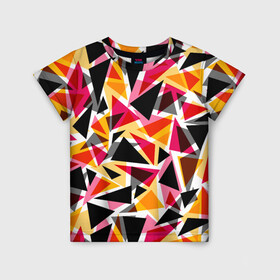 Детская футболка 3D с принтом Разноцветные треугольники в Курске, 100% гипоаллергенный полиэфир | прямой крой, круглый вырез горловины, длина до линии бедер, чуть спущенное плечо, ткань немного тянется | абстрактный | геометрические фигуры | геометрический узор | желтый | красный | полигональный | разноцветный | треугольники | черный