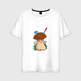 Женская футболка хлопок Oversize с принтом Недовольный в Курске, 100% хлопок | свободный крой, круглый ворот, спущенный рукав, длина до линии бедер
 | evil | mushroom | гриб | злой | мультяшка | недовольный | сердитый | смайл