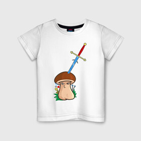 Детская футболка хлопок с принтом Романтик в Курске, 100% хлопок | круглый вырез горловины, полуприлегающий силуэт, длина до линии бедер | mushroom | гриб | меч | мультяшка | поцелуй | романтик | рыцарь | сердечко | смайл