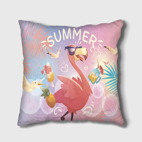 Подушка 3D с принтом Летний фламинго в Курске, наволочка – 100% полиэстер, наполнитель – холлофайбер (легкий наполнитель, не вызывает аллергию). | состоит из подушки и наволочки. Наволочка на молнии, легко снимается для стирки | bird | summer | лето | птицы | розовый | фламинго