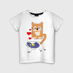 Детская футболка хлопок с принтом Рыжий кот в Курске, 100% хлопок | круглый вырез горловины, полуприлегающий силуэт, длина до линии бедер | Тематика изображения на принте: животные | кот | мышка | рыбка | сердца