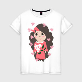 Женская футболка хлопок с принтом Цветение сакуры в Курске, 100% хлопок | прямой крой, круглый вырез горловины, длина до линии бедер, слегка спущенное плечо | бант | девочка | кавайи | люди | цветы