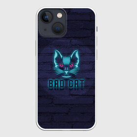 Чехол для iPhone 13 mini с принтом Bad cat в Курске,  |  | neon | neon cat | кирпич | неон | неоновый кот | стена | тренд