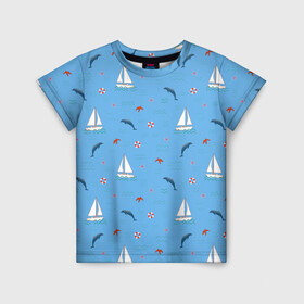 Детская футболка 3D с принтом Море, дельфины, парусник в Курске, 100% гипоаллергенный полиэфир | прямой крой, круглый вырез горловины, длина до линии бедер, чуть спущенное плечо, ткань немного тянется | boat | dolphins | lifebuoy | marine | ocean | sea | southern | starfish | summer | vacation | waves | волны | корабль | лето | лодка | морская звезда | морской | обитатели | океан | отдых | пейзаж | плавание | пляж | синий | спасательный круг | 