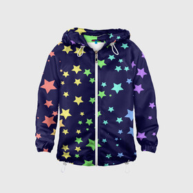 Детская ветровка 3D с принтом Звезды в Курске, 100% полиэстер | подол и капюшон оформлены резинкой с фиксаторами, по бокам два кармана без застежек, один потайной карман на груди | звезда | звездопад | небо | ночь | разноцветный