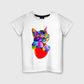 Детская футболка хлопок с принтом РАДУЖНЫЙ КОТИК / RAINBOW KITTY в Курске, 100% хлопок | круглый вырез горловины, полуприлегающий силуэт, длина до линии бедер | heart | kitty | like | low poly | rainbow | животные | звери | котик | лайк | радуга | радужный котик | сердечко | цветные