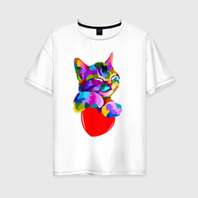 Женская футболка хлопок Oversize с принтом РАДУЖНЫЙ КОТИК / RAINBOW KITTY в Курске, 100% хлопок | свободный крой, круглый ворот, спущенный рукав, длина до линии бедер
 | Тематика изображения на принте: heart | kitty | like | low poly | rainbow | животные | звери | котик | лайк | радуга | радужный котик | сердечко | цветные