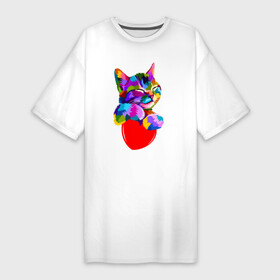 Платье-футболка хлопок с принтом РАДУЖНЫЙ КОТИК  RAINBOW KITTY в Курске,  |  | Тематика изображения на принте: heart | kitty | like | low poly | rainbow | животные | звери | котик | лайк | радуга | радужный котик | сердечко | цветные