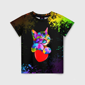 Детская футболка 3D с принтом РАДУЖНЫЙ КОТИК / RAINBOW KITTY в Курске, 100% гипоаллергенный полиэфир | прямой крой, круглый вырез горловины, длина до линии бедер, чуть спущенное плечо, ткань немного тянется | Тематика изображения на принте: heart | kitty | like | low poly | rainbow | животные | звери | котик | лайк | радуга | радужный котик | сердечко | цветные