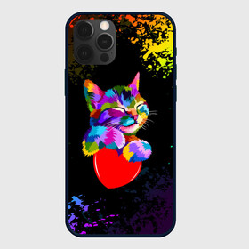 Чехол для iPhone 12 Pro с принтом РАДУЖНЫЙ КОТИК / RAINBOW KITTY в Курске, силикон | область печати: задняя сторона чехла, без боковых панелей | Тематика изображения на принте: heart | kitty | like | low poly | rainbow | животные | звери | котик | лайк | радуга | радужный котик | сердечко | цветные