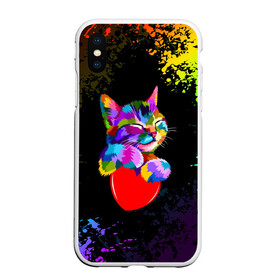 Чехол для iPhone XS Max матовый с принтом РАДУЖНЫЙ КОТИК / RAINBOW KITTY в Курске, Силикон | Область печати: задняя сторона чехла, без боковых панелей | Тематика изображения на принте: heart | kitty | like | low poly | rainbow | животные | звери | котик | лайк | радуга | радужный котик | сердечко | цветные