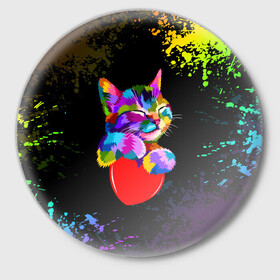 Значок с принтом РАДУЖНЫЙ КОТИК / RAINBOW KITTY в Курске,  металл | круглая форма, металлическая застежка в виде булавки | heart | kitty | like | low poly | rainbow | животные | звери | котик | лайк | радуга | радужный котик | сердечко | цветные