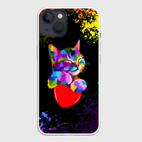 Чехол для iPhone 13 с принтом РАДУЖНЫЙ КОТИК   RAINBOW KITTY в Курске,  |  | Тематика изображения на принте: heart | kitty | like | low poly | rainbow | животные | звери | котик | лайк | радуга | радужный котик | сердечко | цветные