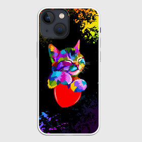 Чехол для iPhone 13 mini с принтом РАДУЖНЫЙ КОТИК   RAINBOW KITTY в Курске,  |  | Тематика изображения на принте: heart | kitty | like | low poly | rainbow | животные | звери | котик | лайк | радуга | радужный котик | сердечко | цветные