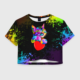 Женская футболка Crop-top 3D с принтом РАДУЖНЫЙ КОТИК / RAINBOW KITTY в Курске, 100% полиэстер | круглая горловина, длина футболки до линии талии, рукава с отворотами | Тематика изображения на принте: heart | kitty | like | low poly | rainbow | животные | звери | котик | лайк | радуга | радужный котик | сердечко | цветные