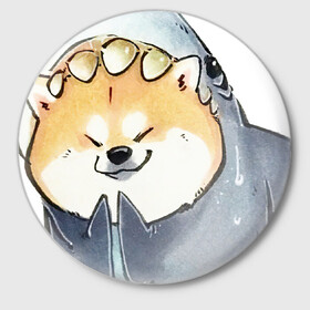Значок с принтом Акуло-пёс в Курске,  металл | круглая форма, металлическая застежка в виде булавки | акита ину | акула | арт | костюм | пёс | рисунок | рыжая собака | рыжий пёс | сиба ину | собака