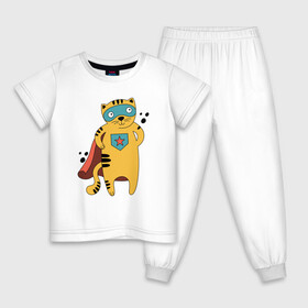 Детская пижама хлопок с принтом Кот Герой в Курске, 100% хлопок |  брюки и футболка прямого кроя, без карманов, на брюках мягкая резинка на поясе и по низу штанин
 | кот | кот в плаще | котэ | маска | супер герой | супер кот