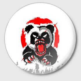 Значок с принтом Злая Кровавая Панда в Курске,  металл | круглая форма, металлическая застежка в виде булавки | animal | beast | blood | fire | monster | panda | животные | звери | зубы | кровь | монстр | огонь | панда | хищник