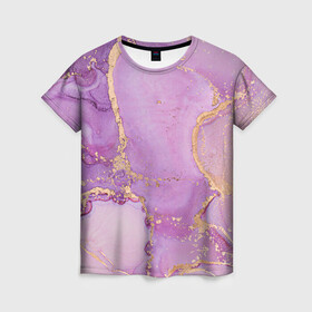 Женская футболка 3D с принтом Сиреневые разводы краски в Курске, 100% полиэфир ( синтетическое хлопкоподобное полотно) | прямой крой, круглый вырез горловины, длина до линии бедер | абстракция | блестки | градиент | золото | разводы краски