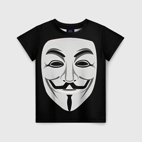 Детская футболка 3D с принтом Guy Fawkes в Курске, 100% гипоаллергенный полиэфир | прямой крой, круглый вырез горловины, длина до линии бедер, чуть спущенное плечо, ткань немного тянется | белый | бородка | гай фокс | лицо | маска | усы | черный