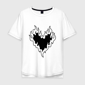 Мужская футболка хлопок Oversize с принтом СЕРДЦЕ В ОГНЕ / HEART ON FIRE в Курске, 100% хлопок | свободный крой, круглый ворот, “спинка” длиннее передней части | love. | tattoo | любовь | минимализм | огонь | партак | сердце | сердце в огне | тату | чёрно белое