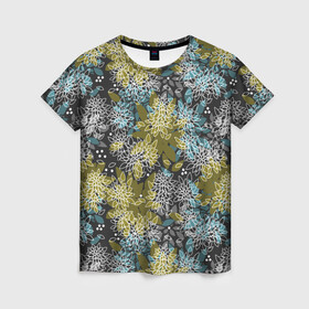 Женская футболка 3D с принтом Черно оливковый цветочный  в Курске, 100% полиэфир ( синтетическое хлопкоподобное полотно) | прямой крой, круглый вырез горловины, длина до линии бедер | абстрактный | детский | молодежный | популярный | современный | текстура | узор | цветочный