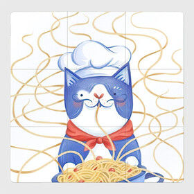 Магнитный плакат 3Х3 с принтом Котик-повар в Курске, Полимерный материал с магнитным слоем | 9 деталей размером 9*9 см | арт | кот | котик | кошка | макароны | паста | повар | рисунок | спагетти