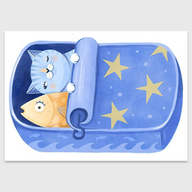 Поздравительная открытка с принтом Сладкие сны в Курске, 100% бумага | плотность бумаги 280 г/м2, матовая, на обратной стороне линовка и место для марки
 | арт | звезда | звёзды | консервы | кот | котик | кошка | ночь | рисунок | рыба | рыбка | сны | сон | спокойной ночи