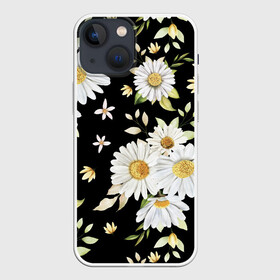 Чехол для iPhone 13 mini с принтом Ромашки на черном фоне в Курске,  |  | Тематика изображения на принте: девушкам | девушке | природа | ромахи | ромашки | рошамшка | цветочки | цветы