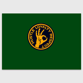 Поздравительная открытка с принтом Hustle Loyalty respect  в Курске, 100% бумага | плотность бумаги 280 г/м2, матовая, на обратной стороне линовка и место для марки
 | жёлтый | зелёный | надпись | преданное уважение | рука | эмблема