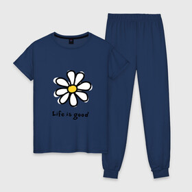 Женская пижама хлопок с принтом LIFE IS GOOD в Курске, 100% хлопок | брюки и футболка прямого кроя, без карманов, на брюках мягкая резинка на поясе и по низу штанин | life is good | жизнь | растение | ромашка | цветок | цветочки