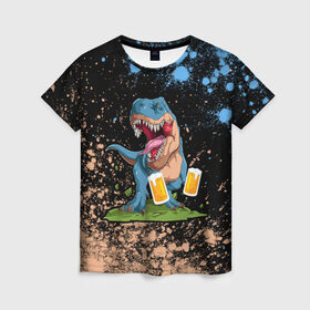 Женская футболка 3D с принтом Пивозавр - Краска в Курске, 100% полиэфир ( синтетическое хлопкоподобное полотно) | прямой крой, круглый вырез горловины, длина до линии бедер | dinosaur | pivo | pivozavr | взрыв | динозавр | краска | прикол