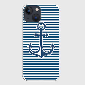Чехол для iPhone 13 mini с принтом Тельняшка с якорем в Курске,  |  | anchor | marine | vest | vest with anchor | морская | тельняшка | тельняшка с якорем | якорь