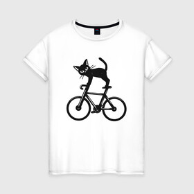 Женская футболка хлопок с принтом Велокот в Курске, 100% хлопок | прямой крой, круглый вырез горловины, длина до линии бедер, слегка спущенное плечо | animal | cat | cute | kitty | meow | вело | велосипед | друг | животные | киска | кися | китти | кот | котенок | котик | котэ | кошечка | кошка | мур | мяу | питомец
