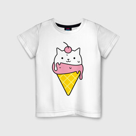 Детская футболка хлопок с принтом Ice Cream Cat в Курске, 100% хлопок | круглый вырез горловины, полуприлегающий силуэт, длина до линии бедер | animal | cat | cute | ice cream | kitty | meow | друг | животные | киска | кися | китти | кот | котенок | котик | котэ | кошечка | кошка | мороженое | мур | мяу | питомец