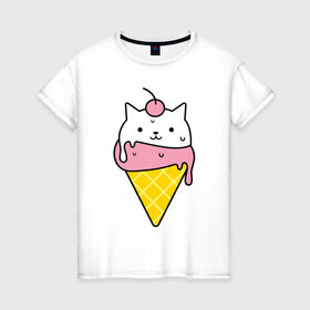 Женская футболка хлопок с принтом Ice Cream Cat в Курске, 100% хлопок | прямой крой, круглый вырез горловины, длина до линии бедер, слегка спущенное плечо | animal | cat | cute | ice cream | kitty | meow | друг | животные | киска | кися | китти | кот | котенок | котик | котэ | кошечка | кошка | мороженое | мур | мяу | питомец