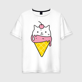 Женская футболка хлопок Oversize с принтом Ice Cream Cat в Курске, 100% хлопок | свободный крой, круглый ворот, спущенный рукав, длина до линии бедер
 | animal | cat | cute | ice cream | kitty | meow | друг | животные | киска | кися | китти | кот | котенок | котик | котэ | кошечка | кошка | мороженое | мур | мяу | питомец