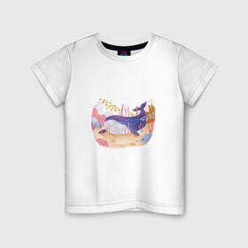 Детская футболка хлопок с принтом Отдыхающий кит в Курске, 100% хлопок | круглый вырез горловины, полуприлегающий силуэт, длина до линии бедер | Тематика изображения на принте: арт | звезда | кит | кораллы | море | морская звезда | океан | песок | природа | рисунок | рыба | рыбки | рыбы | синий кит